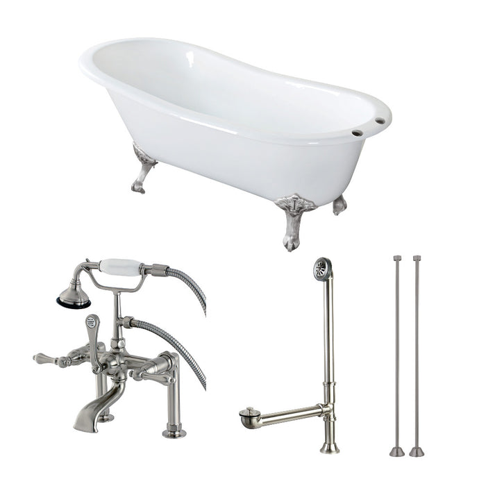 Aqua Eden KCT7D653129C8 62" Cast Iron Oval Single Slipper Clawfoot Tub with Faucet Drain and Supply Lines Combo, White/Brushed Nickel