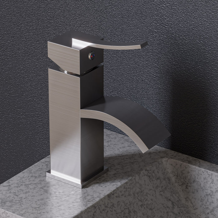 ALFI AB1258-BN Brushed Nickel Square Body Curved Spout Single Lever Bathroom Faucet