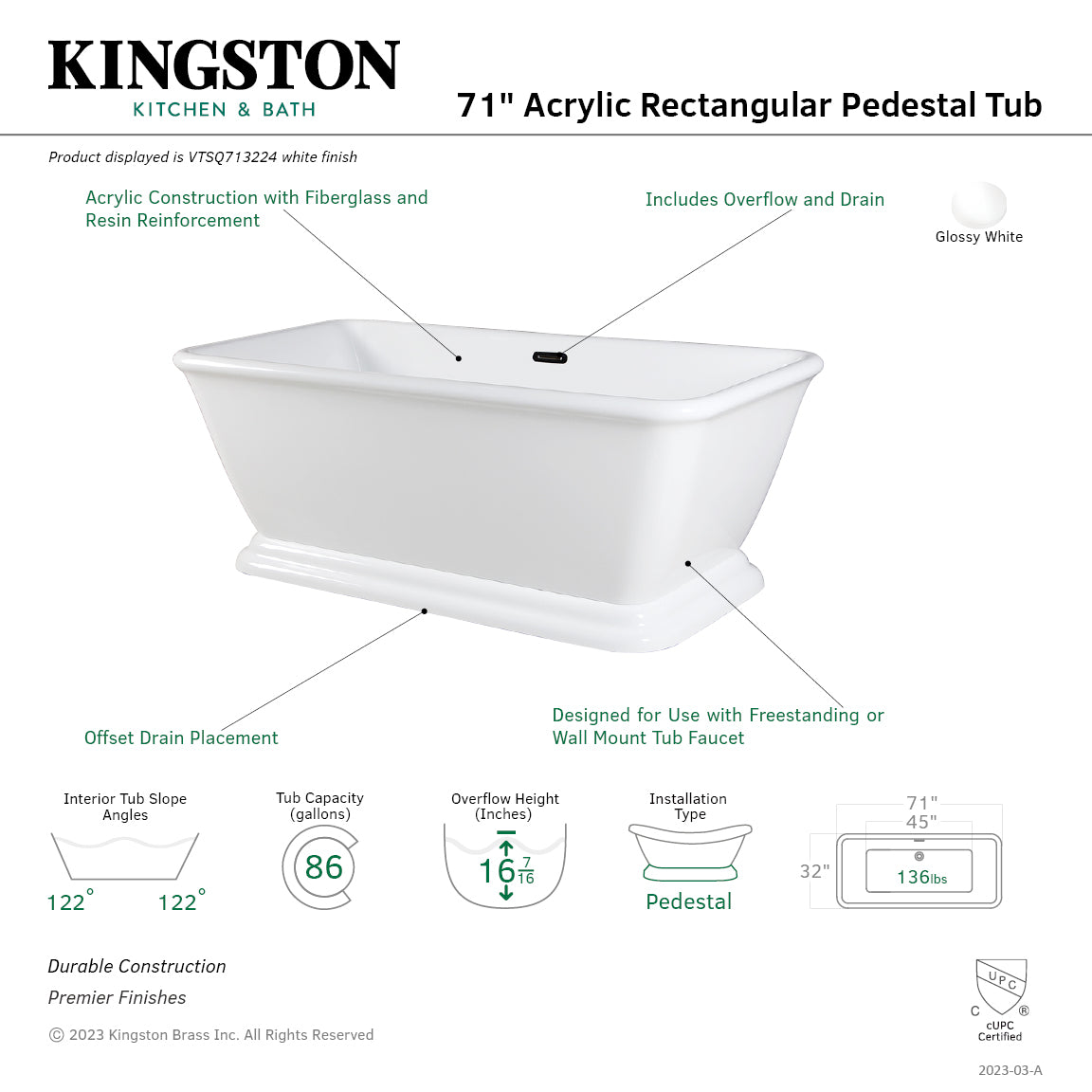 Aqua Eden VTSQ713224 71" Acrylic Oval Rectangular Double Ended Pedestal Tub with Drain (No Faucet Drillings), Glossy White