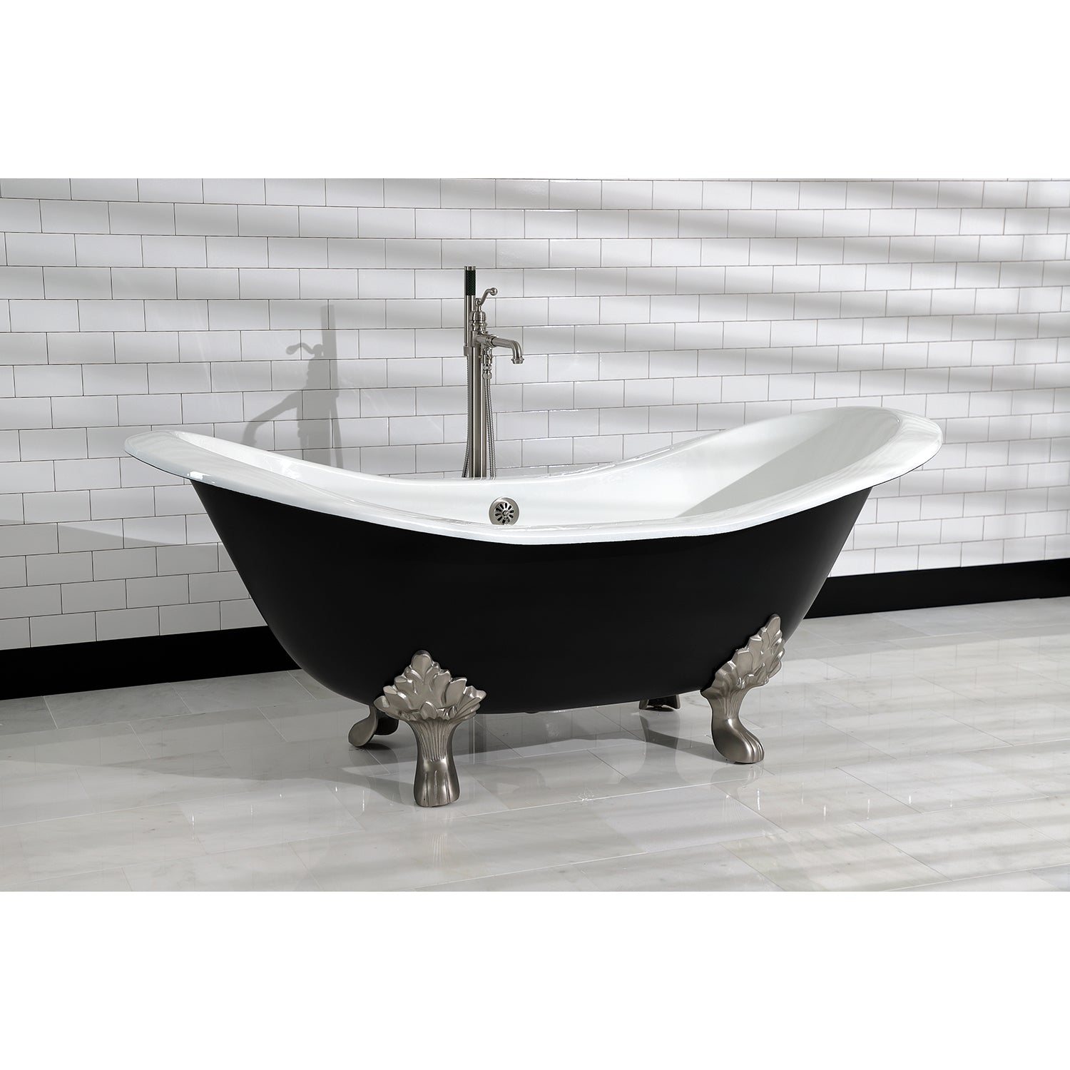 Aqua Eden VBTND7231NC8 72" Cast Iron Oval Double Slipper Clawfoot Tub (No Faucet Drillings), Black/White/Brushed Nickel