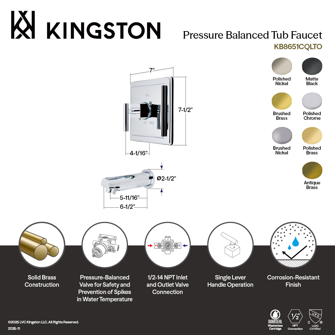 Kingston Brass KB8657CQLTO Claremont Single-Handle Pressure Balanced Tub Faucet, Brushed Brass