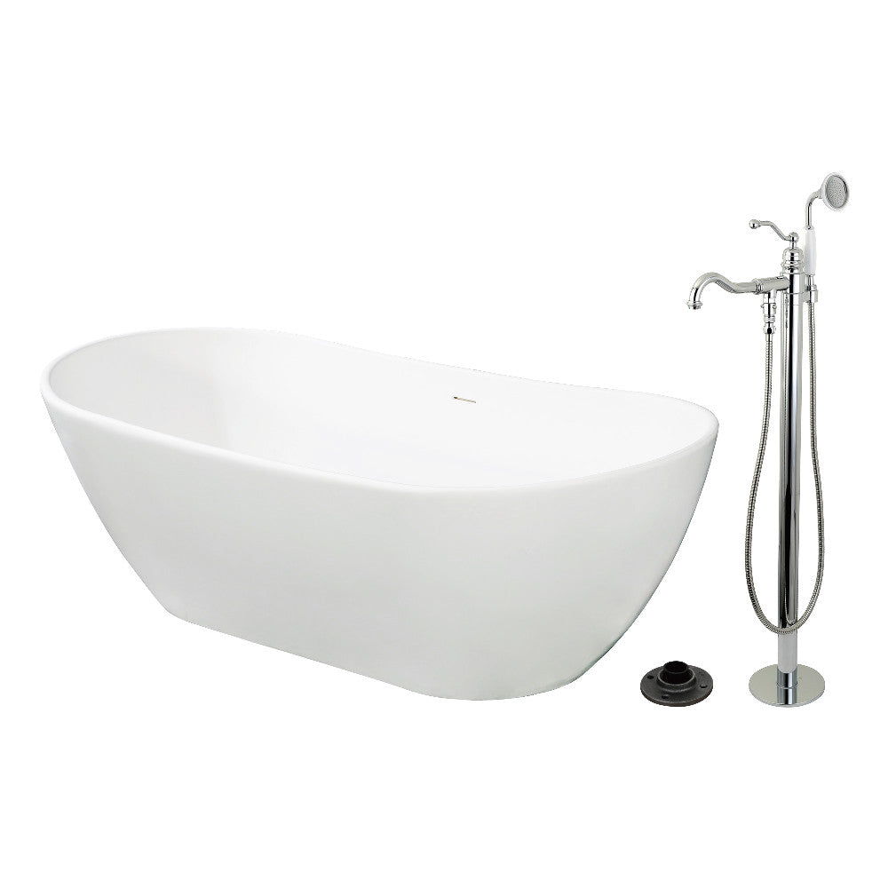 Kingston Brass KRTRS7232131AL 72" Solid Surface Oval Double Ended Freestanding Tub with Faucet Combo and Drain, Polished Chrome