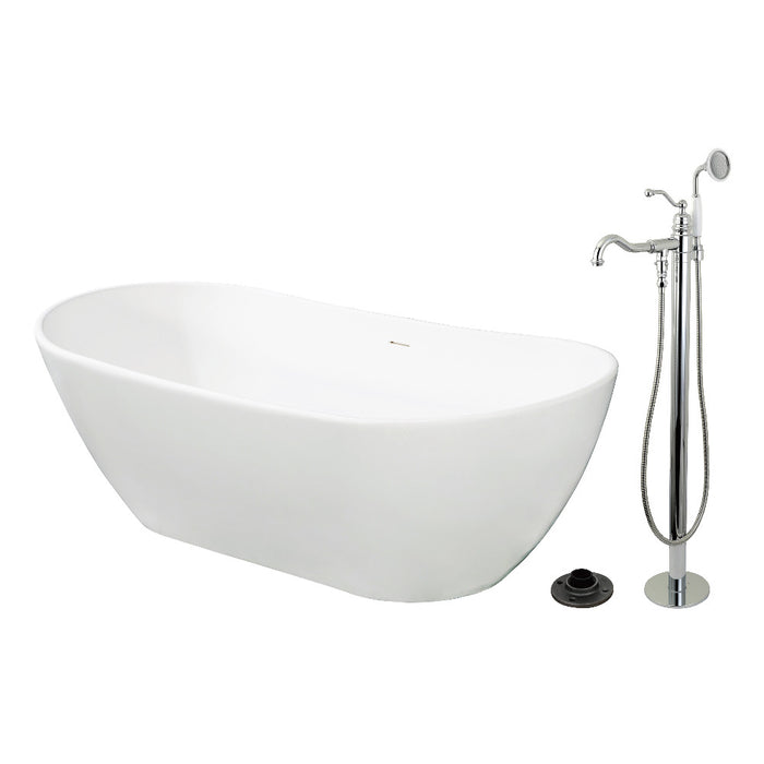 Kingston Brass KRTRS7232131AL 72" Solid Surface Oval Double Ended Freestanding Tub with Faucet Combo and Drain, Polished Chrome