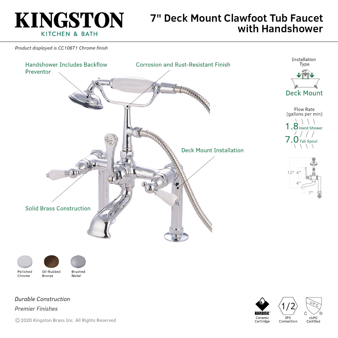 Kingston Brass CC105T5 Vintage 7" Center Deck-Mount Clawfoot Tub Faucet with Hand Shower, Oil Rubbed Bronze