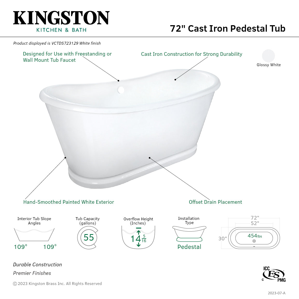 Kingston Brass VCTDS723129 72" Cast Iron Oval Double Slipper Pedestal Tub (No Faucet Drillings), White