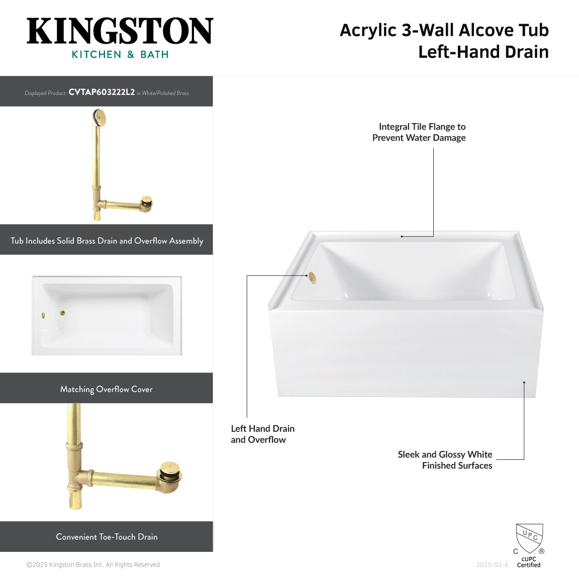 Aqua Eden CVTAP603222L3 60" Acrylic Rectangular 3-Wall Alcove Tub Combo with Waste and Overflow Drain (Left Hand Drain), Glossy White/Antique Brass