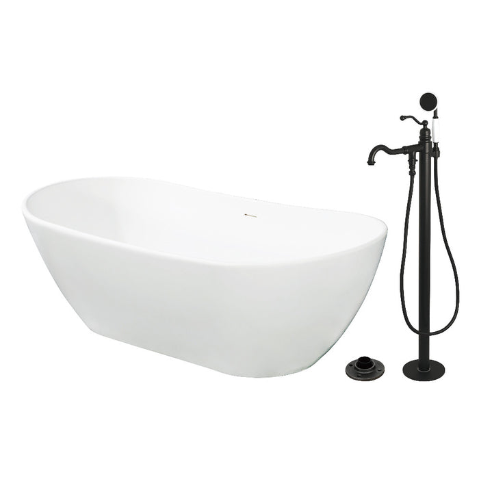 Kingston Brass KRTRS7232130AL 72" Solid Surface Oval Double Ended Freestanding Tub with Faucet Combo and Drain, Matte Black