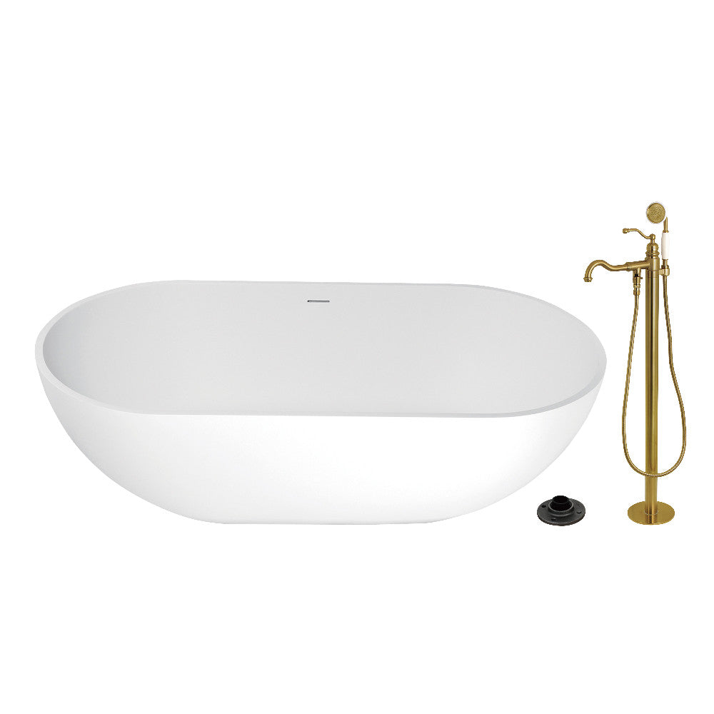 Kingston Brass KRTRS7035137AL 70" Solid Surface Oval Double Ended Freestanding Tub with Faucet Combo and Drain, Brushed Brass
