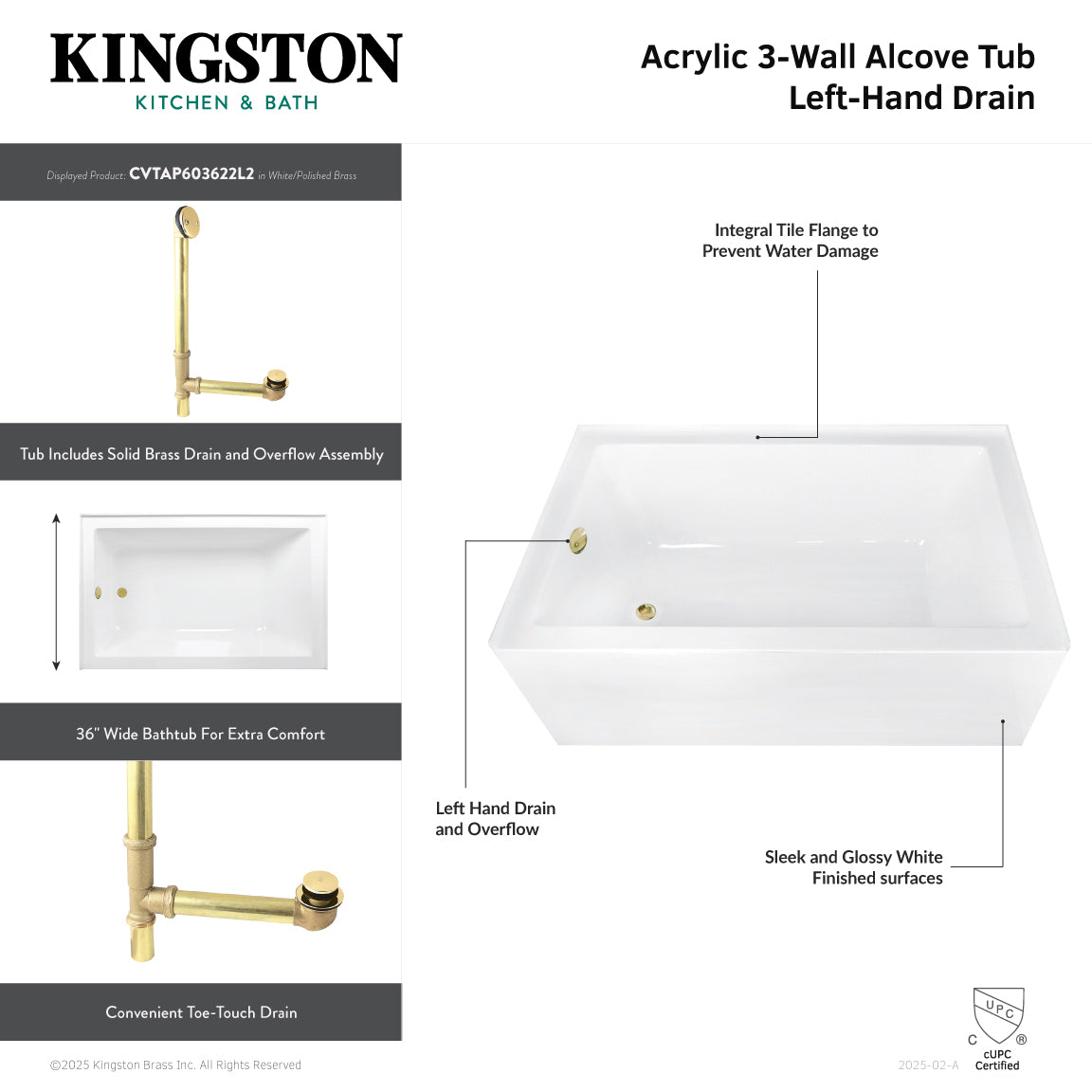 Aqua Eden CVTAP603622L1 60" Acrylic Rectangular 3-Wall Alcove Tub Combo with Waste and Overflow Drain (Left Hand Drain), Glossy White/Polished Chrome