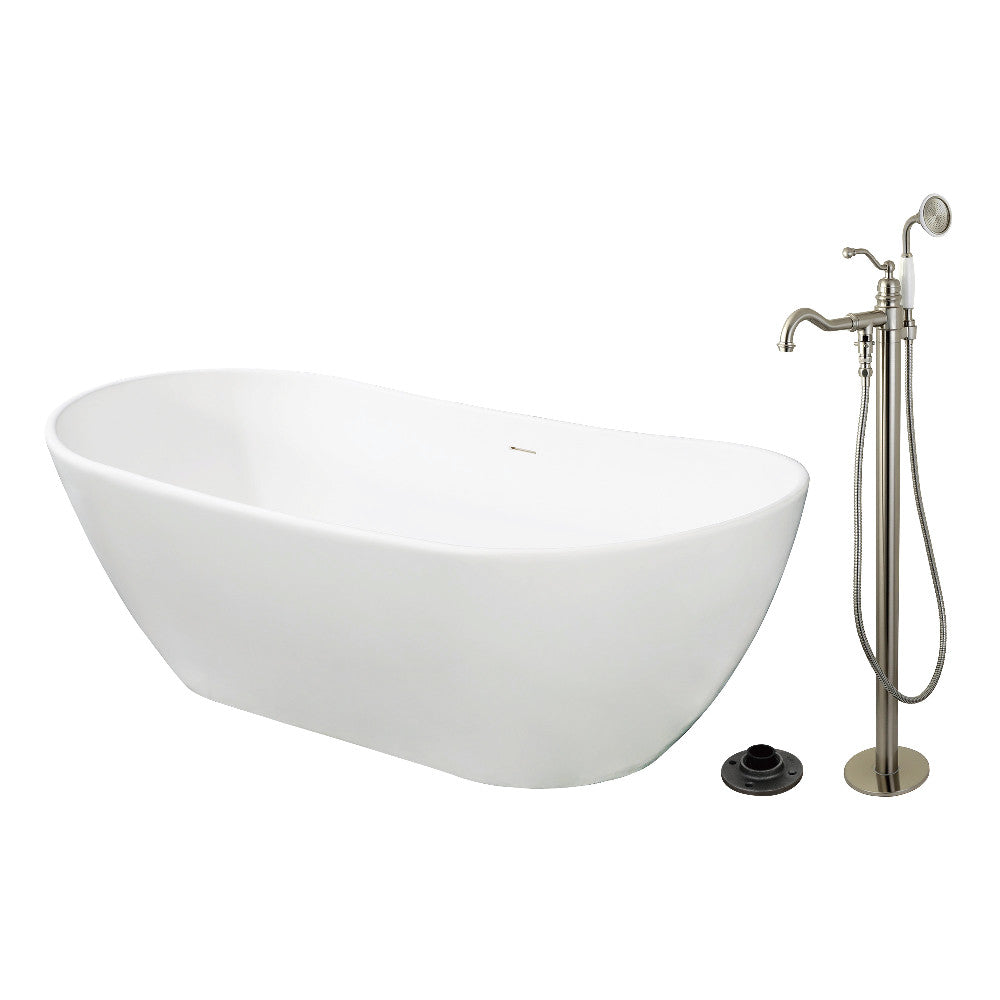 Kingston Brass KRTRS7232138AL 72" Solid Surface Oval Double Ended Freestanding Tub with Faucet Combo and Drain, Brushed Nickel