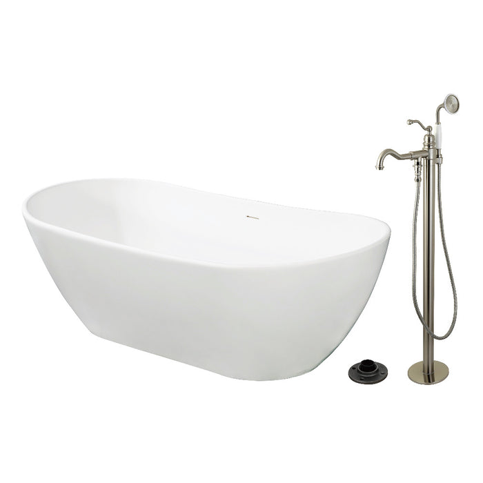 Kingston Brass KRTRS7232138AL 72" Solid Surface Oval Double Ended Freestanding Tub with Faucet Combo and Drain, Brushed Nickel