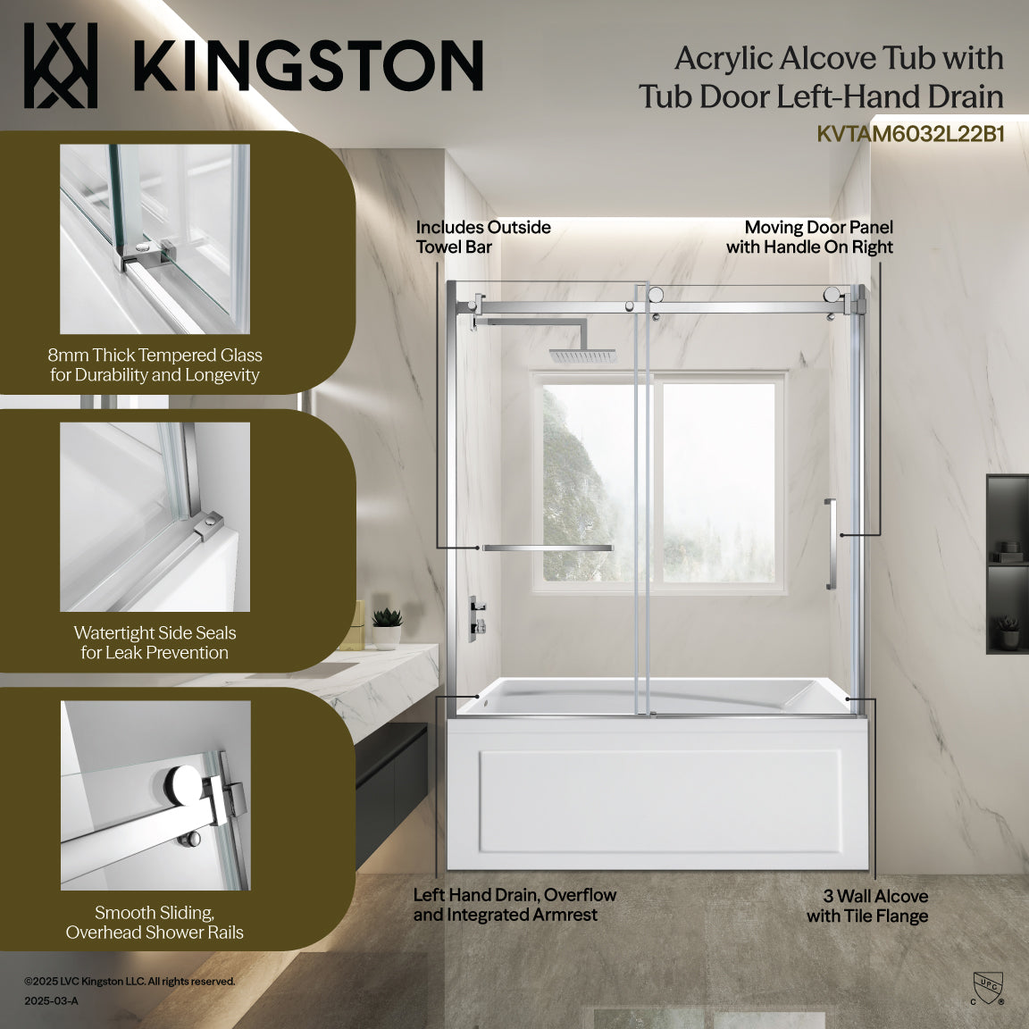 Kingston Brass KVTAM6032L22B8 60" Acrylic Rectangular 3-Wall Anti-Skid Alcove Tub Combo with Tub Door (Left Hand Drain), White/Brushed Nickel