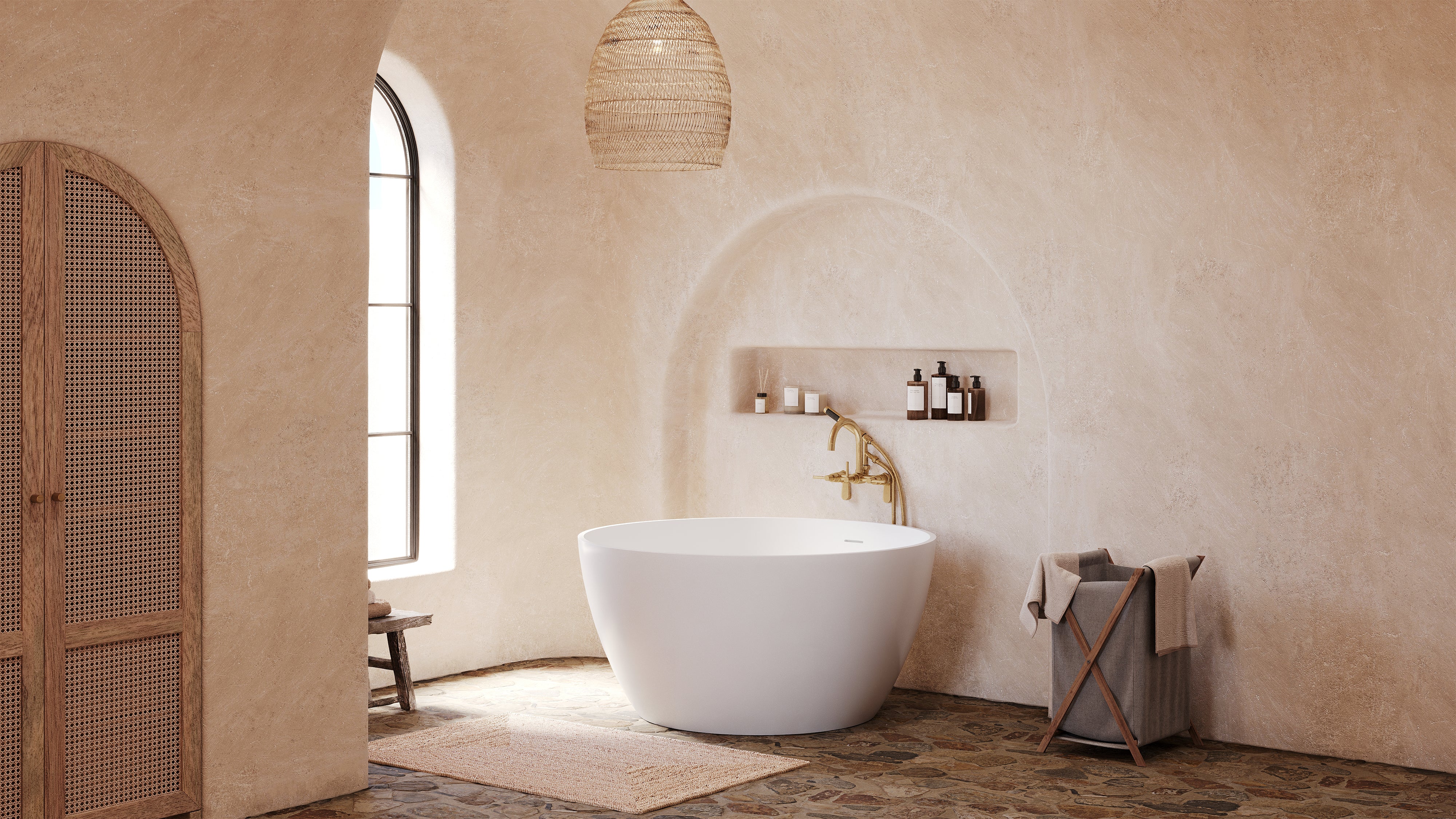 Kingston Brass KRTRO4545157DL 45" Solid Surface Round Double Ended Freestanding Tub with Faucet Combo and Drain, Brushed Brass