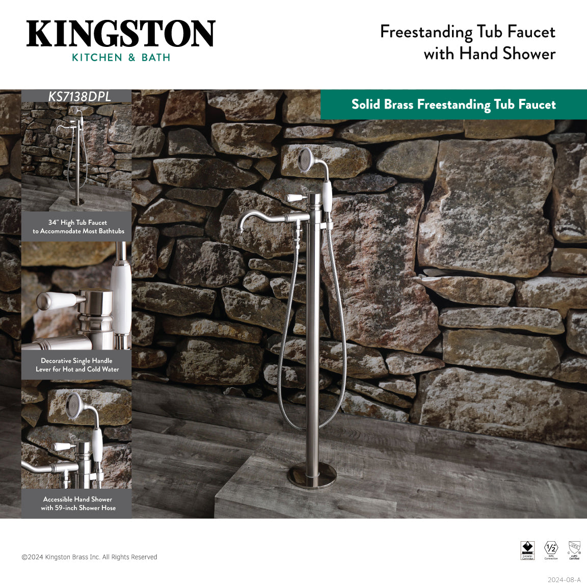 Kingston Brass KS7131DPL Paris Freestanding Tub Faucet with Hand Shower, Polished Chrome