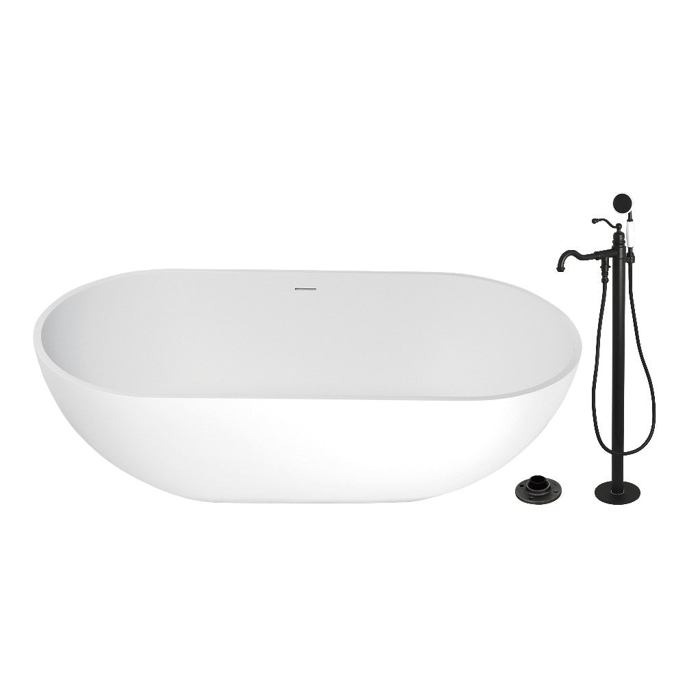Kingston Brass KRTRS7035130AL 70" Solid Surface Oval Double Ended Freestanding Tub with Faucet Combo and Drain, Matte Black