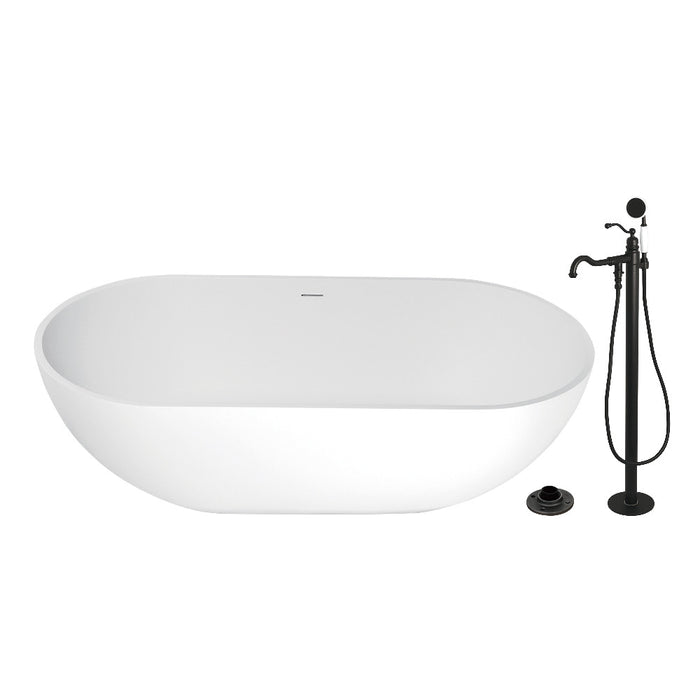 Kingston Brass KRTRS7035130AL 70" Solid Surface Oval Double Ended Freestanding Tub with Faucet Combo and Drain, Matte Black