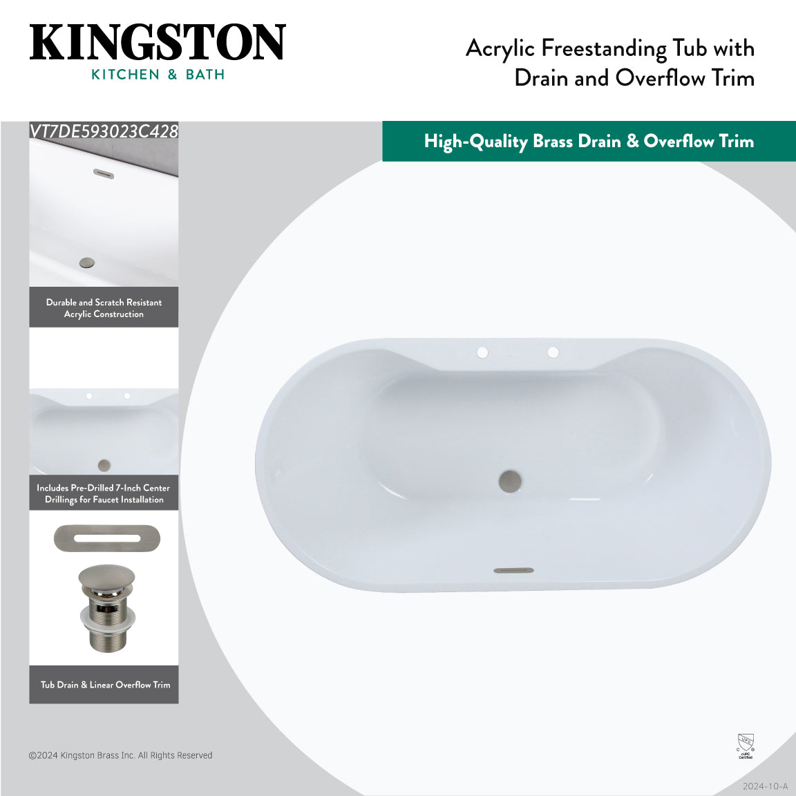 Kingston Brass VT7DE593023C420 59" Acrylic Oval Double Ended Freestanding Tub with Drain, Glossy White/Matte Black