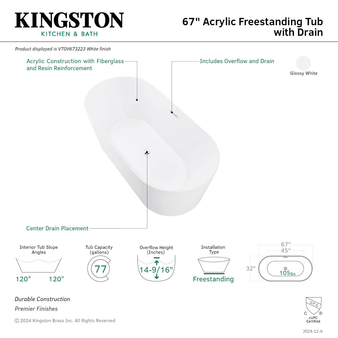 Kingston Brass VTOV673223 67" Acrylic Oval Double Ended Freestanding Tub with Drain, Glossy White