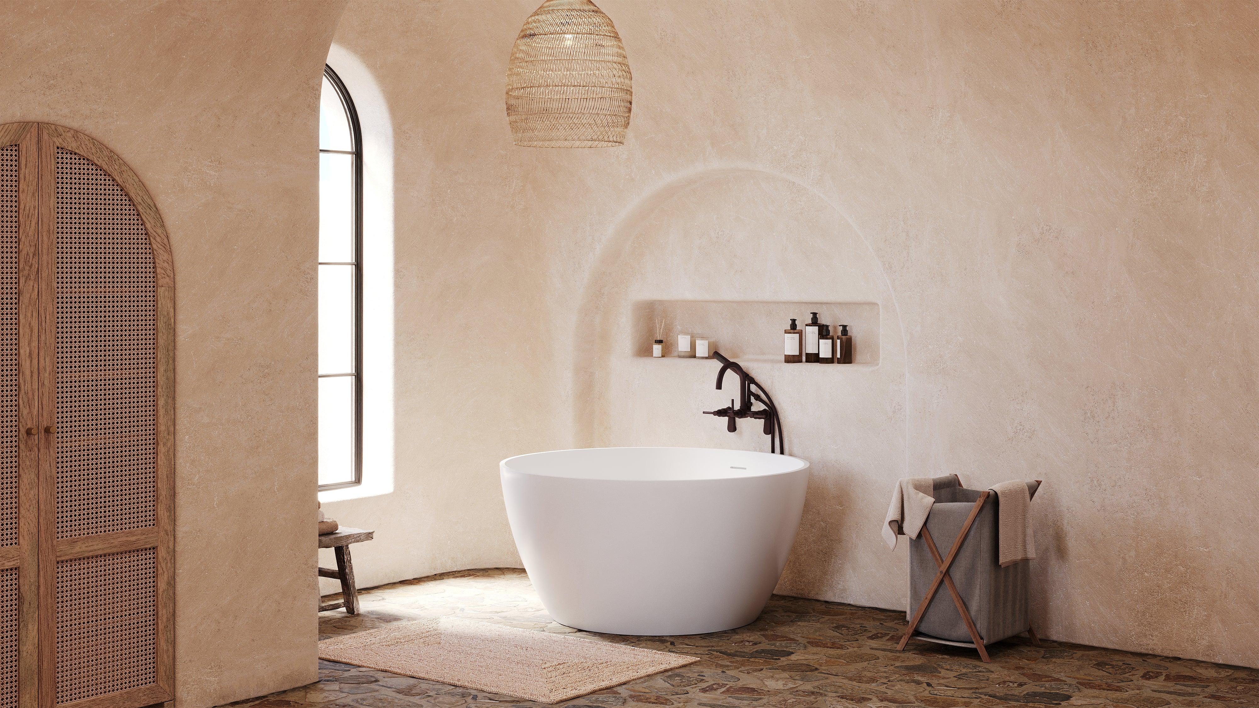 Kingston Brass KRTRO4545155DL 45" Solid Surface Round Double Ended Freestanding Tub with Faucet Combo and Drain, Oil Rubbed Bronze