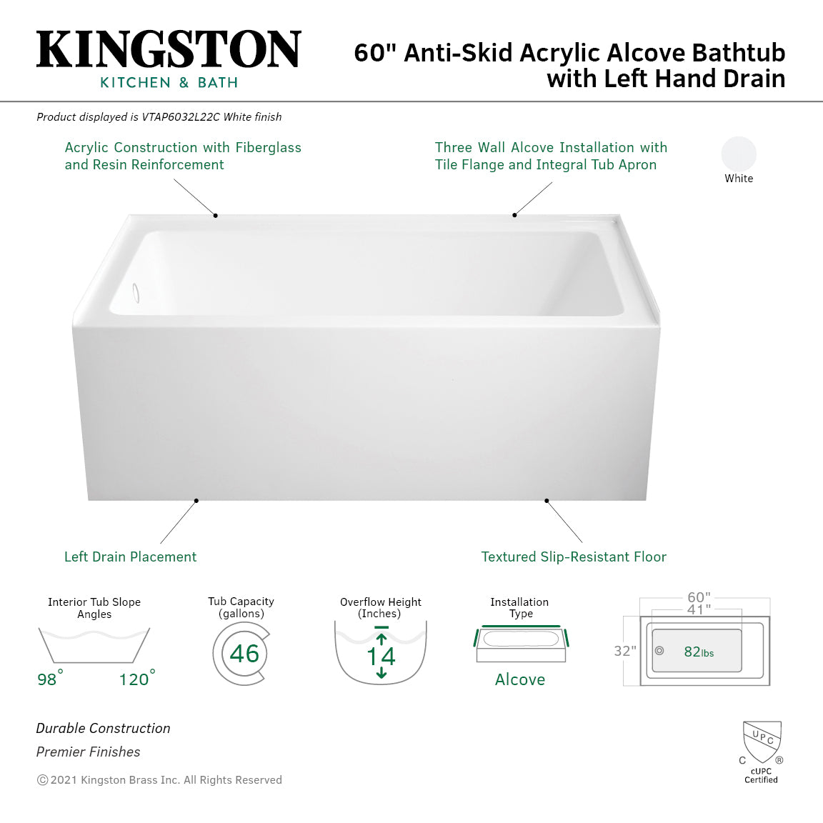 Aqua Eden VTAP6032L22C 60" Acrylic Rectangular 3-Wall Alcove Tub with Anti-Skid Surface, Left Hand Drain, Glossy White