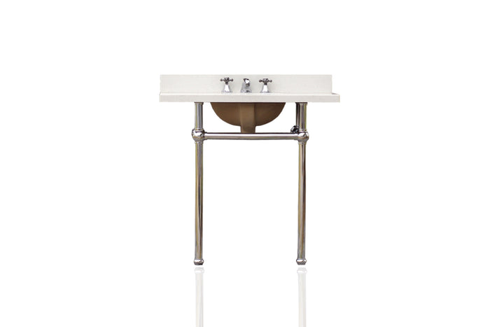WatermarkFixtures Antique Inspired Art Deco Console Sink Vanity Chrome Legs Italian White Quartz Top Package