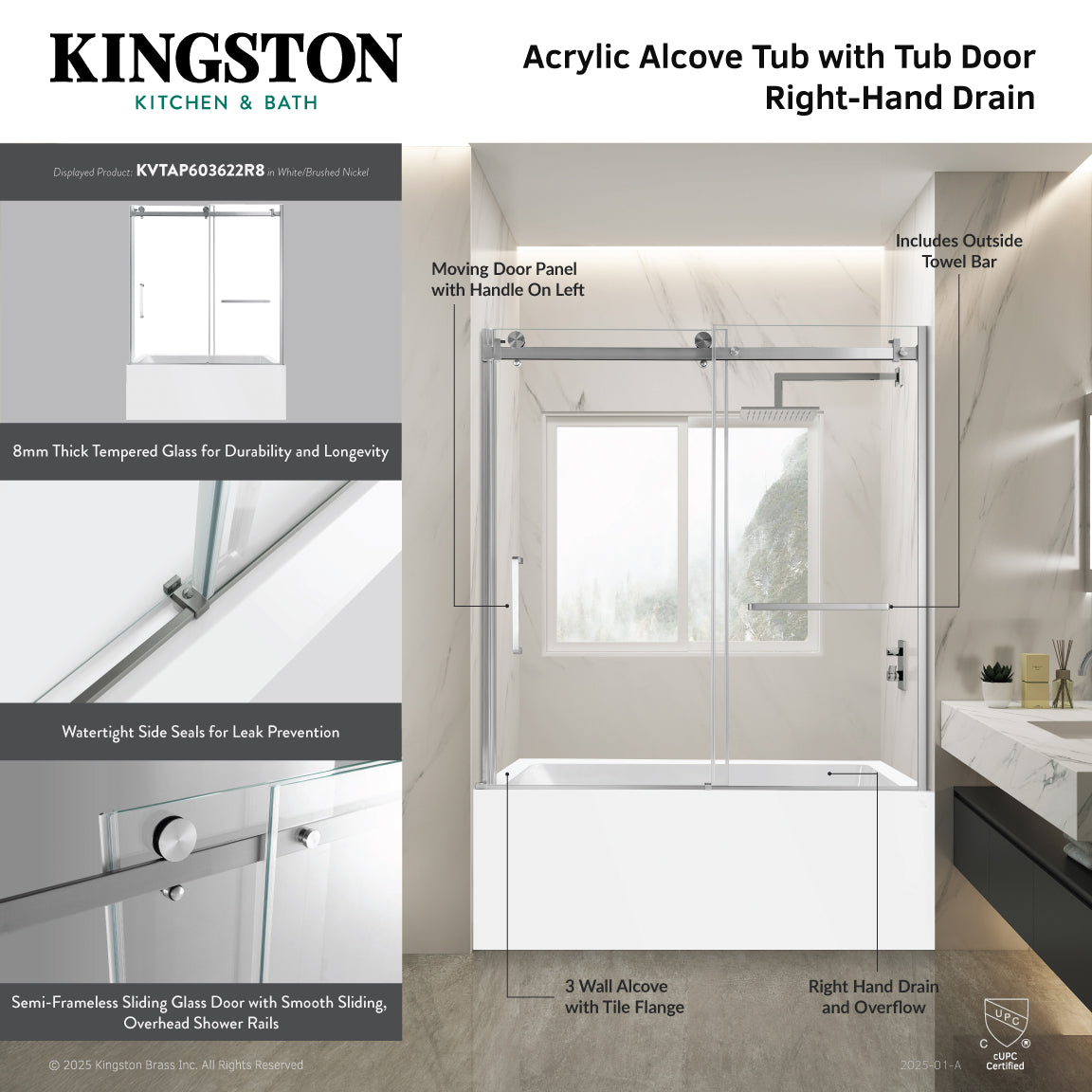 Kingston Brass KVTAP603622R1 60" Acrylic Rectangular 3-Wall Alcove Tub Combo with Tub Door (Right Hand Drain), White/Polished Chrome