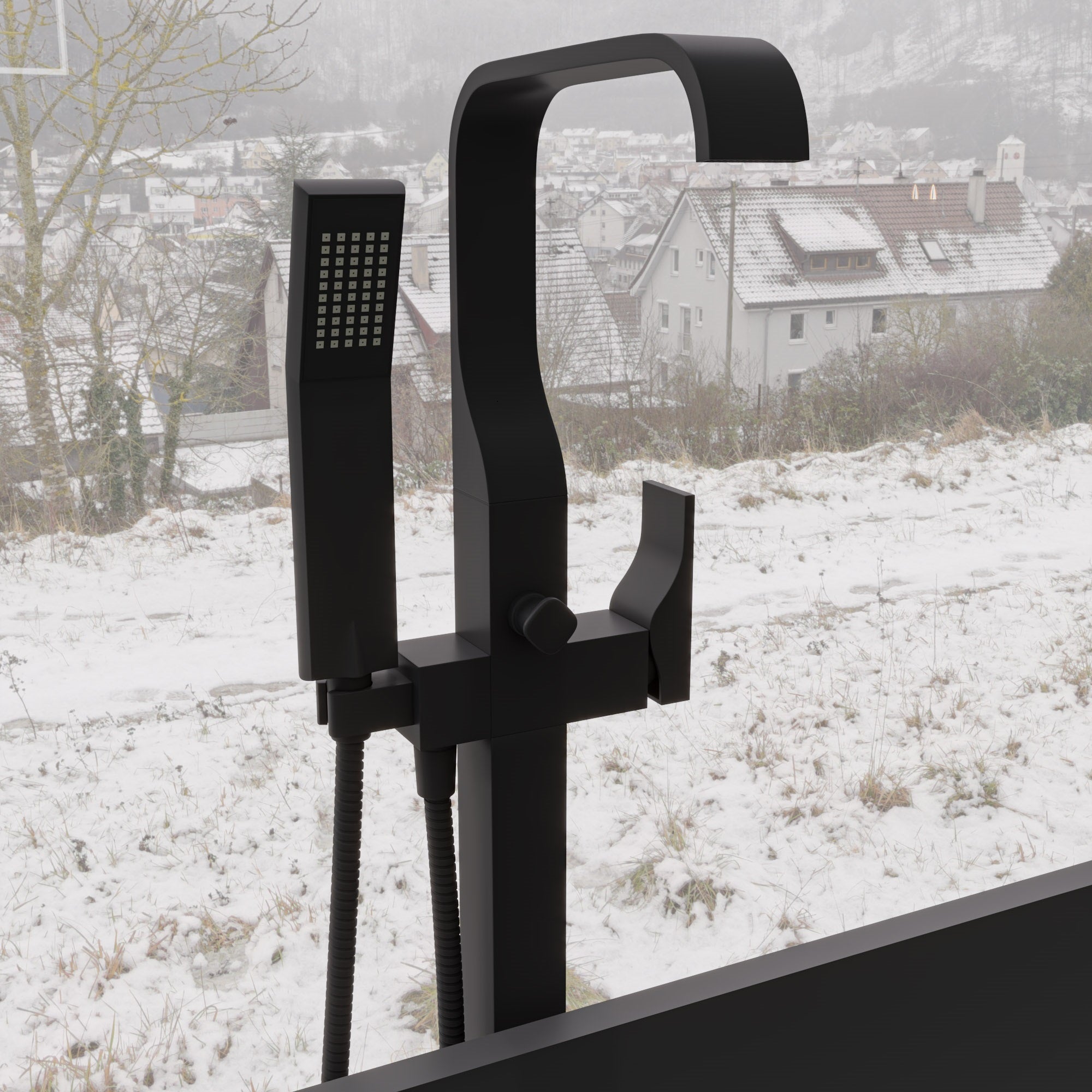 ALFI AB2180-BM Black Matte Single Lever Floor Mounted Tub Filler Mixer w Hand Held Shower Head