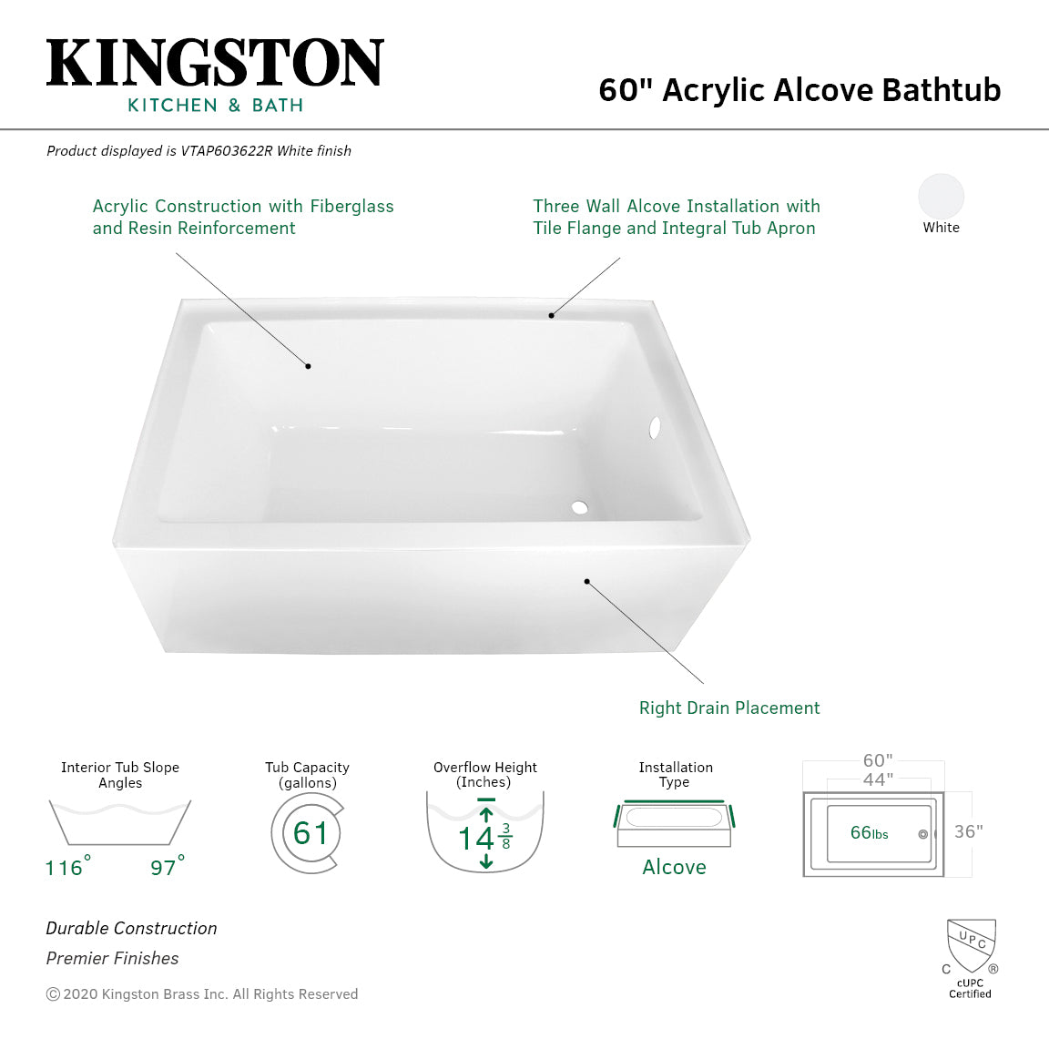 Aqua Eden VTAP603622R 60" Acrylic Rectangular 3-Wall Alcove Tub, Right Hand Drain, Glossy White
