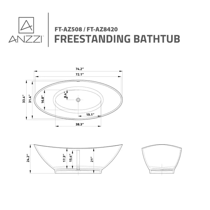 ANZZI Ala 6.2 ft. Solid Surface Center Drain Freestanding Bathtub in Matte White - Bathroom Design Center