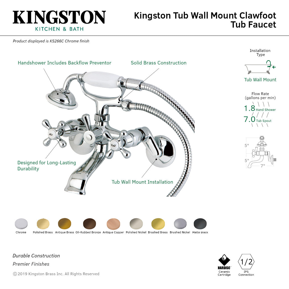 Kingston Brass KS266C Kingston Wall Mount Clawfoot Tub Faucet with Hand Shower, Polished Chrome