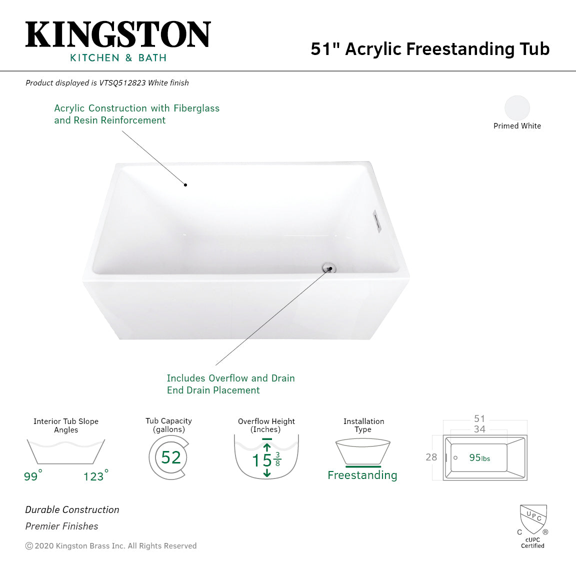 Kingston Brass VTSQ512823 51" Acrylic Rectangular Double Ended Freestanding Tub with Drain, Glossy White
