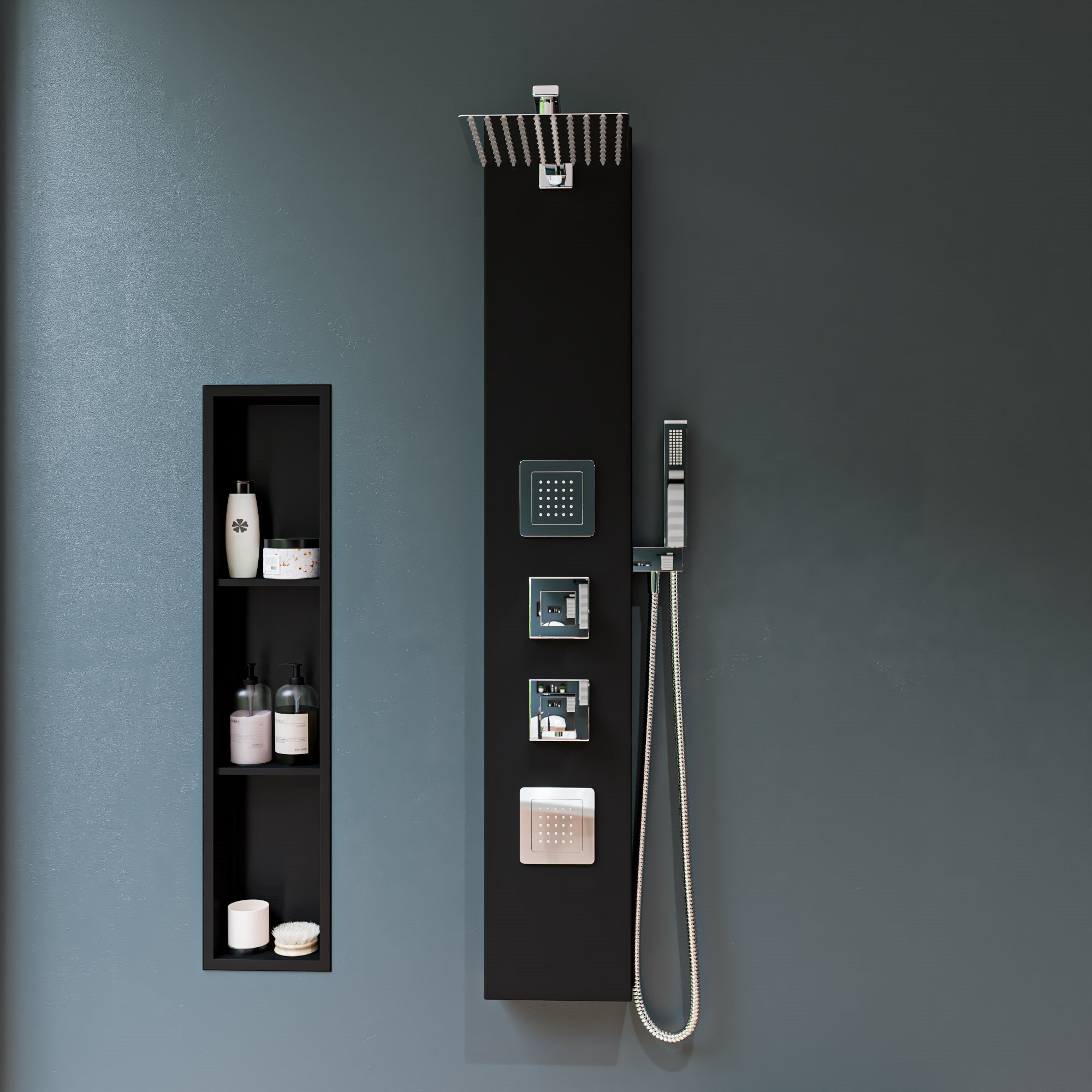 ALFI ABNC0836-BLA 8" x 36" Black Matte Stainless Steel Vertical Triple Shelf Bath Shower Niche