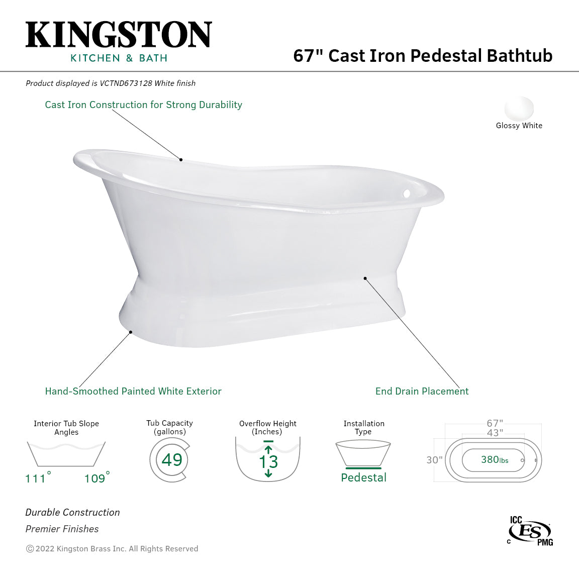 Aqua Eden VCTND673128 67" Cast Iron Oval Single Slipper Pedestal Tub (No Faucet Drillings), White