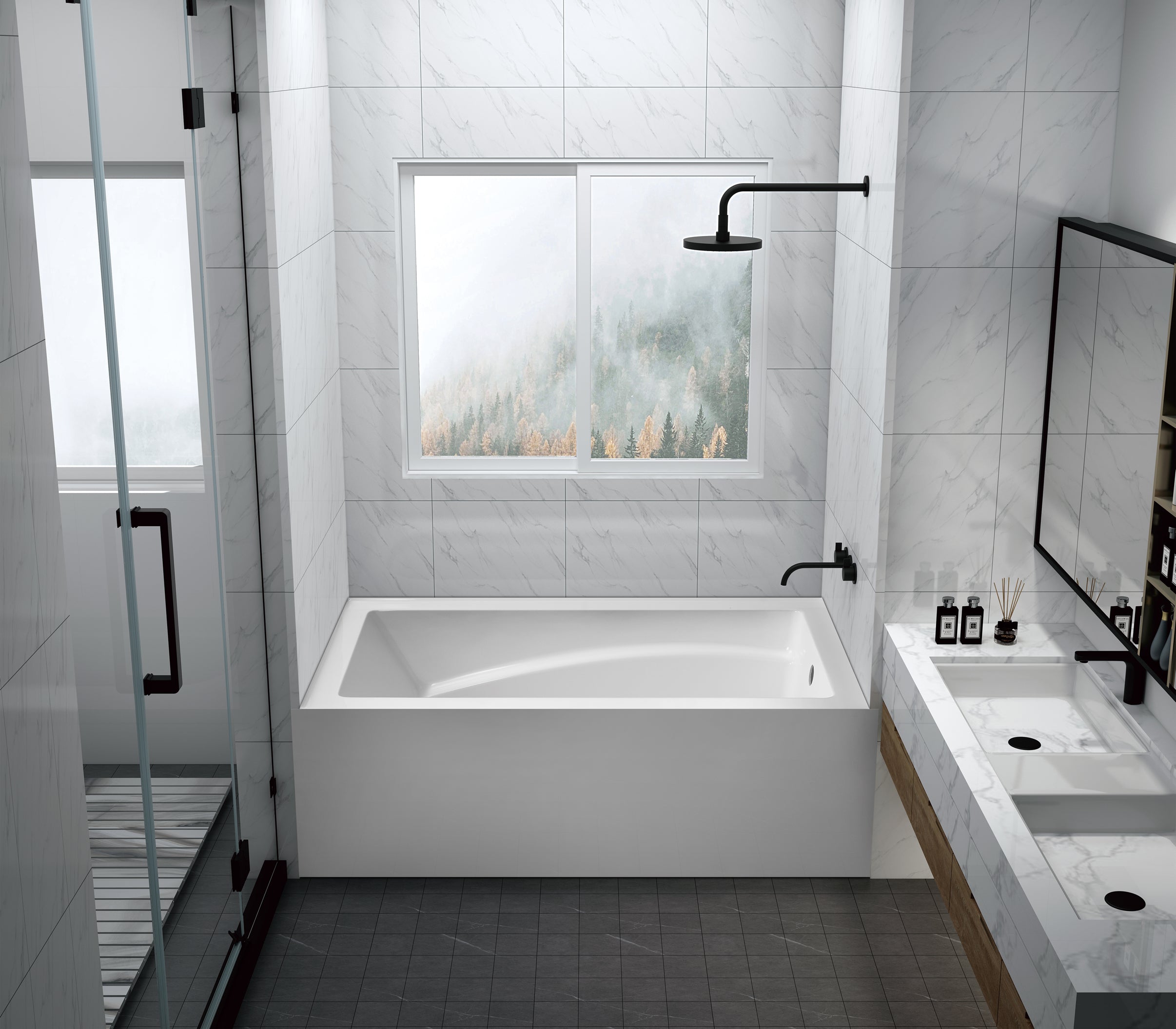 Aqua Eden VTAM6032R22D 60" Acrylic Rectangular 3-Wall Alcove Tub with Armrest and Anti-Skid Surface, Right Hand Drain, Glossy White