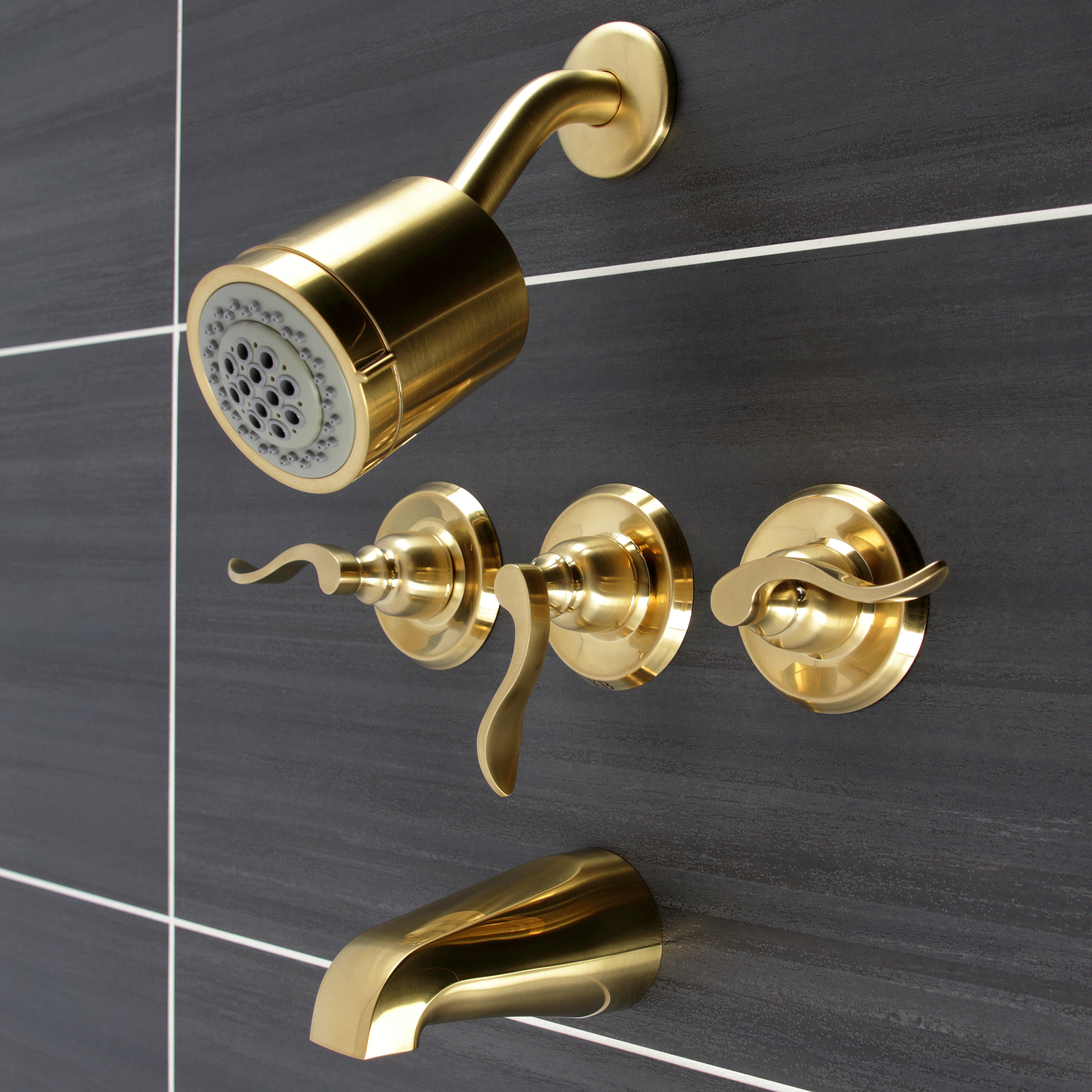 Kingston Brass KB8237NFL NuWave French Triple-Handle Tub and Shower Faucet, Brushed Brass
