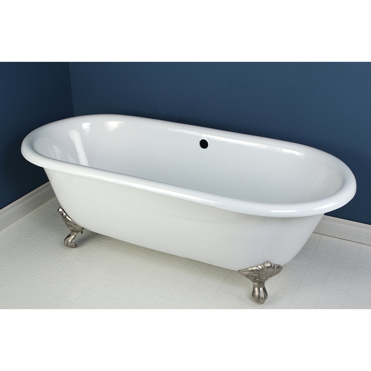 Aqua Eden VCTND663013NB8 66" Cast Iron Oval Double Ended Clawfoot Tub (No Faucet Drillings), White/Brushed Nickel