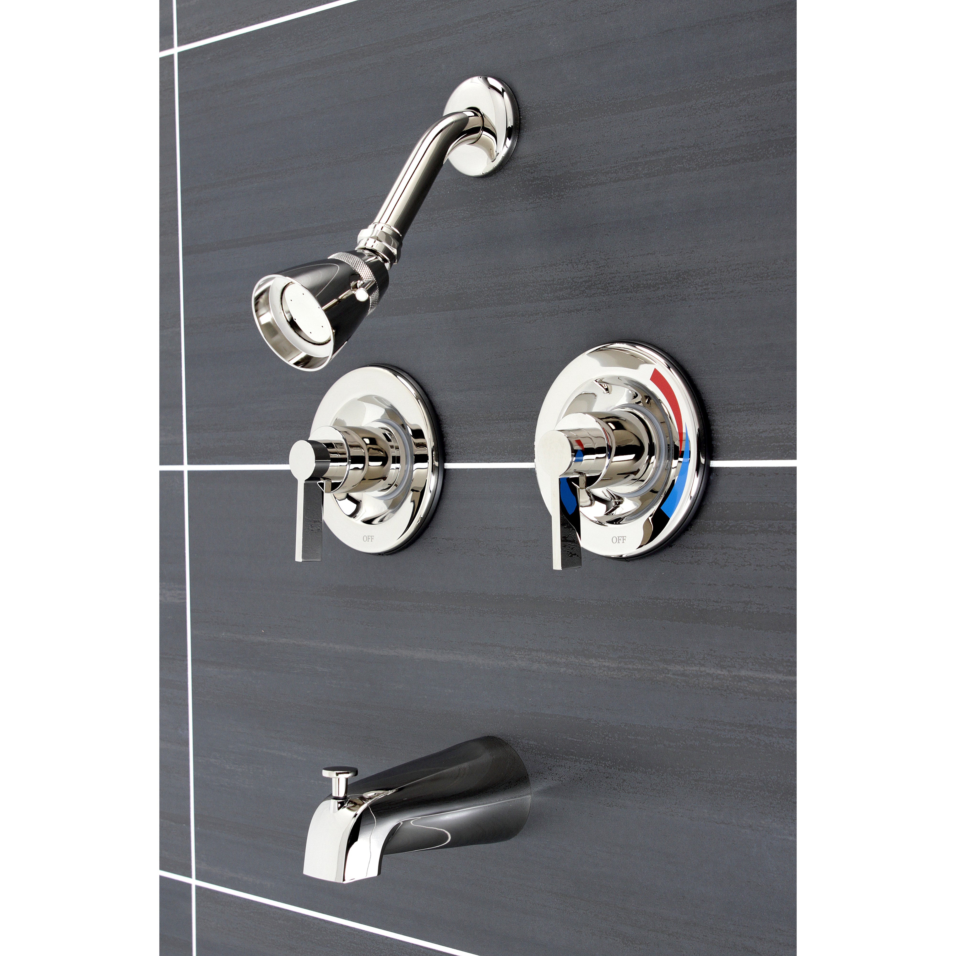 Kingston Brass KB666NDL NuvoFusion Double-Handle Pressure Balanced Tub and Shower Faucet, Polished Nickel