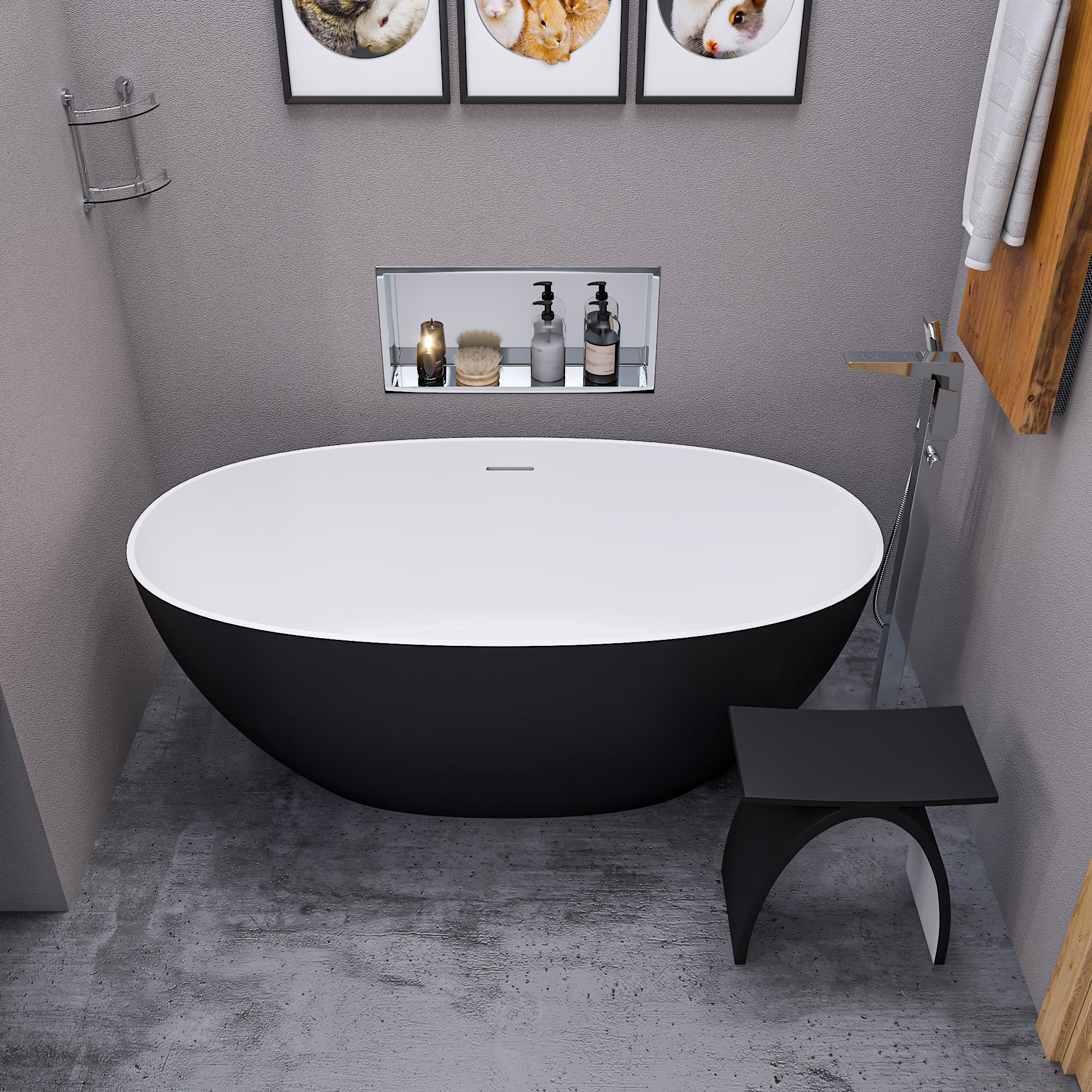 ALFI AB9975BM 59" Black & White Matte Oval Solid Surface Resin Soaking Bathtub