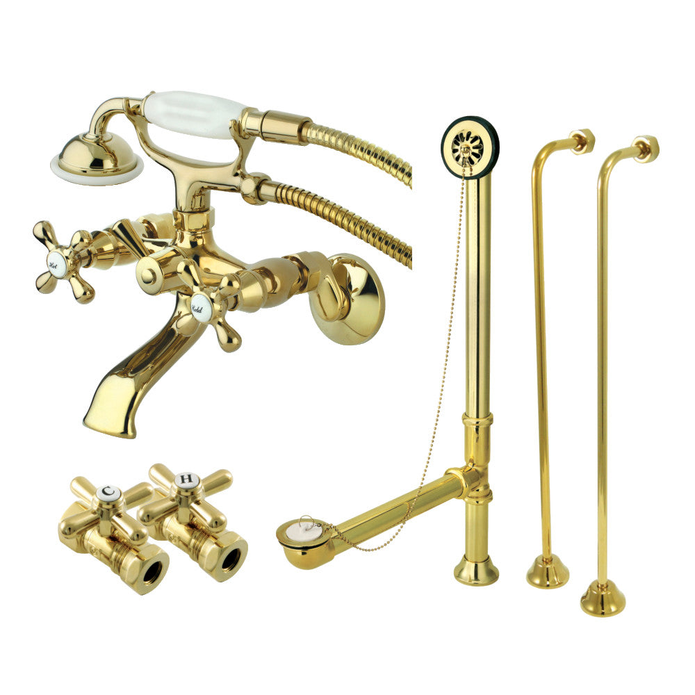 Kingston Brass CCK265PB Vintage Wall Mount Clawfoot Tub Faucet Package with Supply Line, Hand Shower and Tub Drain, Polished Brass