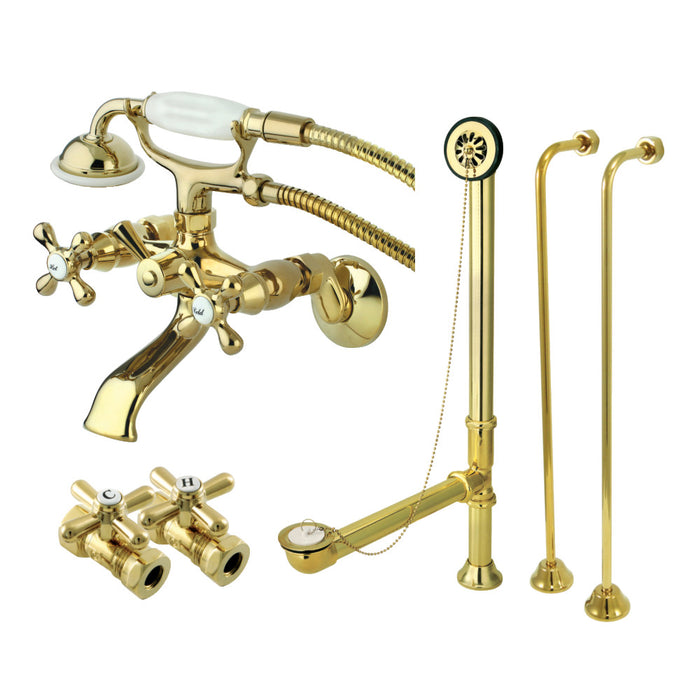 Kingston Brass CCK265PB Vintage Wall Mount Clawfoot Tub Faucet Package with Supply Line, Hand Shower and Tub Drain, Polished Brass
