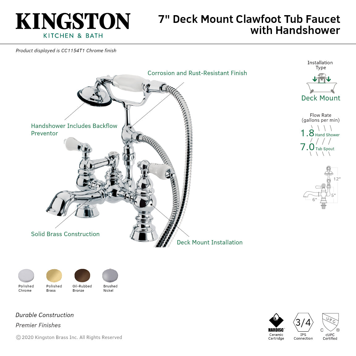 Kingston Brass CC1154T5 Vintage 7" Center Deck-Mount Clawfoot Tub Faucet with Hand Shower, Oil Rubbed Bronze