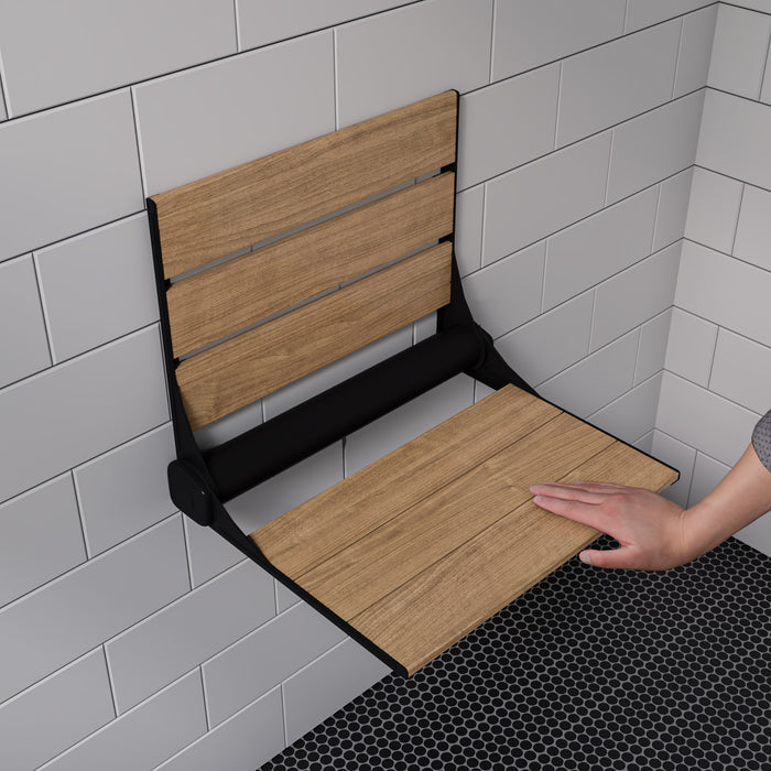 ALFI ABS17-BM Black Matte 17" Wide Foldable Teak Shower Seat with Backrest