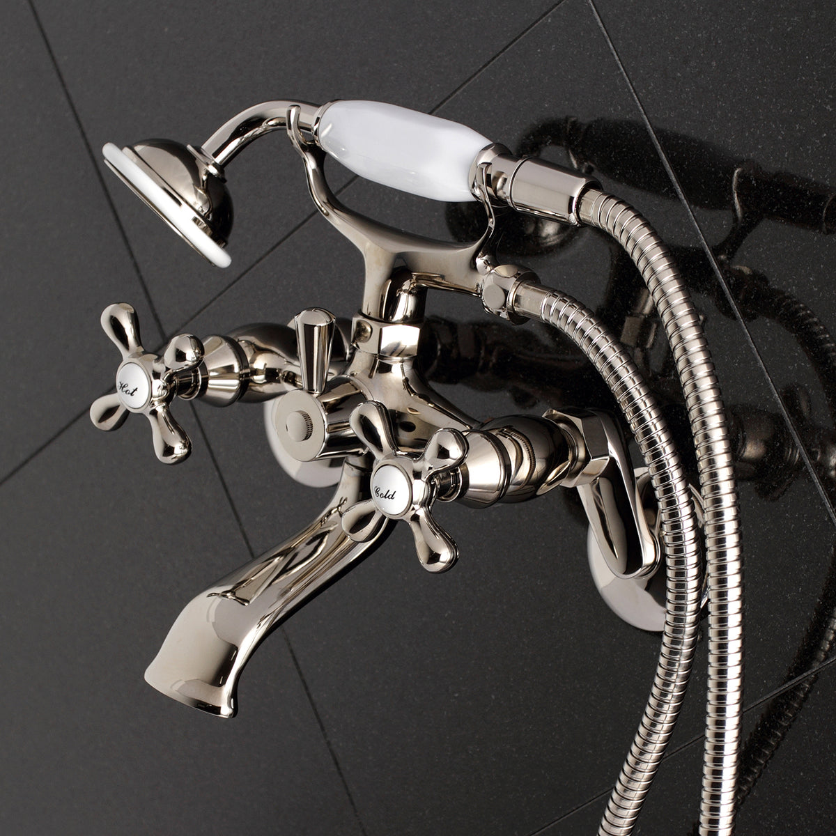 Kingston Brass KS266PN Kingston Wall Mount Clawfoot Tub Faucet with Hand Shower, Polished Nickel