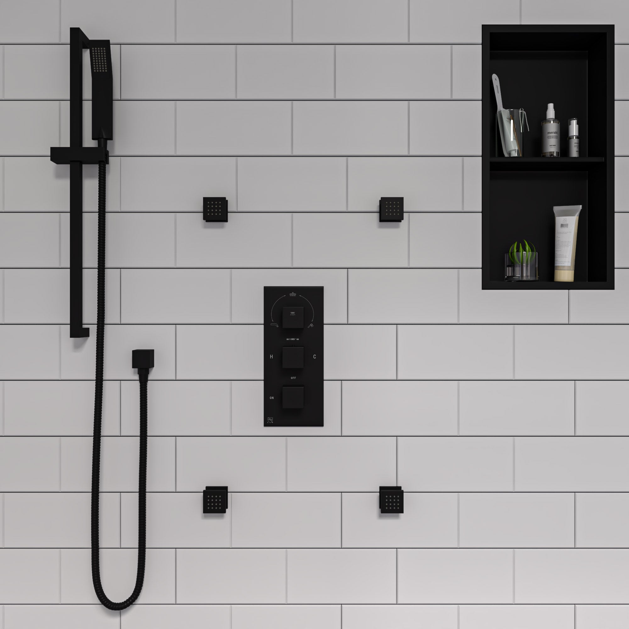 ALFI AB2801-BM Black Matte 3-Way Thermostatic Valve Shower Mixer Square Knobs