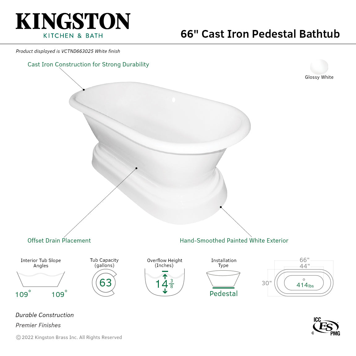 Aqua Eden VCTND663025 66" Cast Iron Oval Double Ended Pedestal Tub (No Faucet Drillings), White
