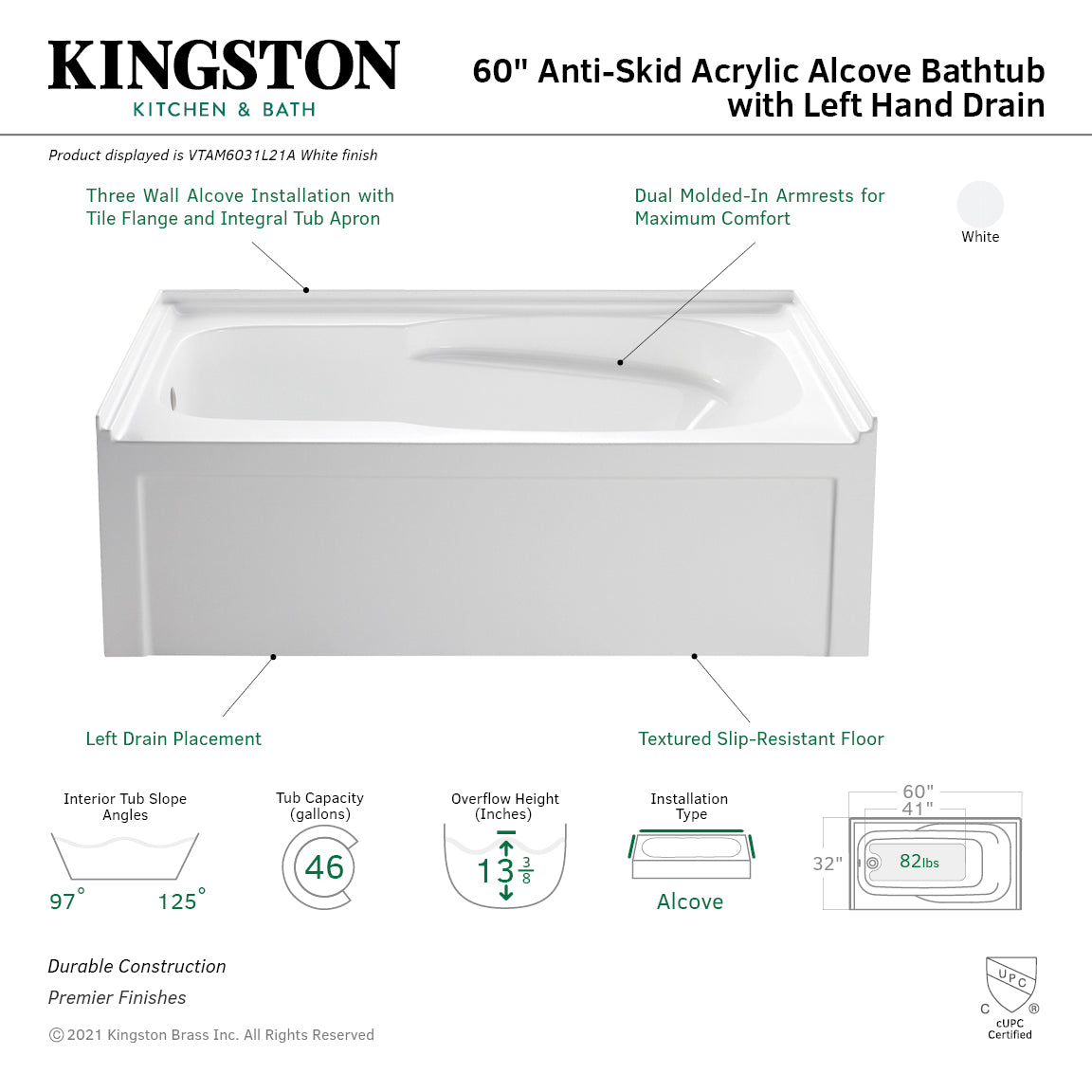 Aqua Eden VTAM6031L21A 60" Acrylic Rectangular 3-Wall Alcove Tub with Armrests and Anti-Skid Surface, Left Hand Drain, Glossy White