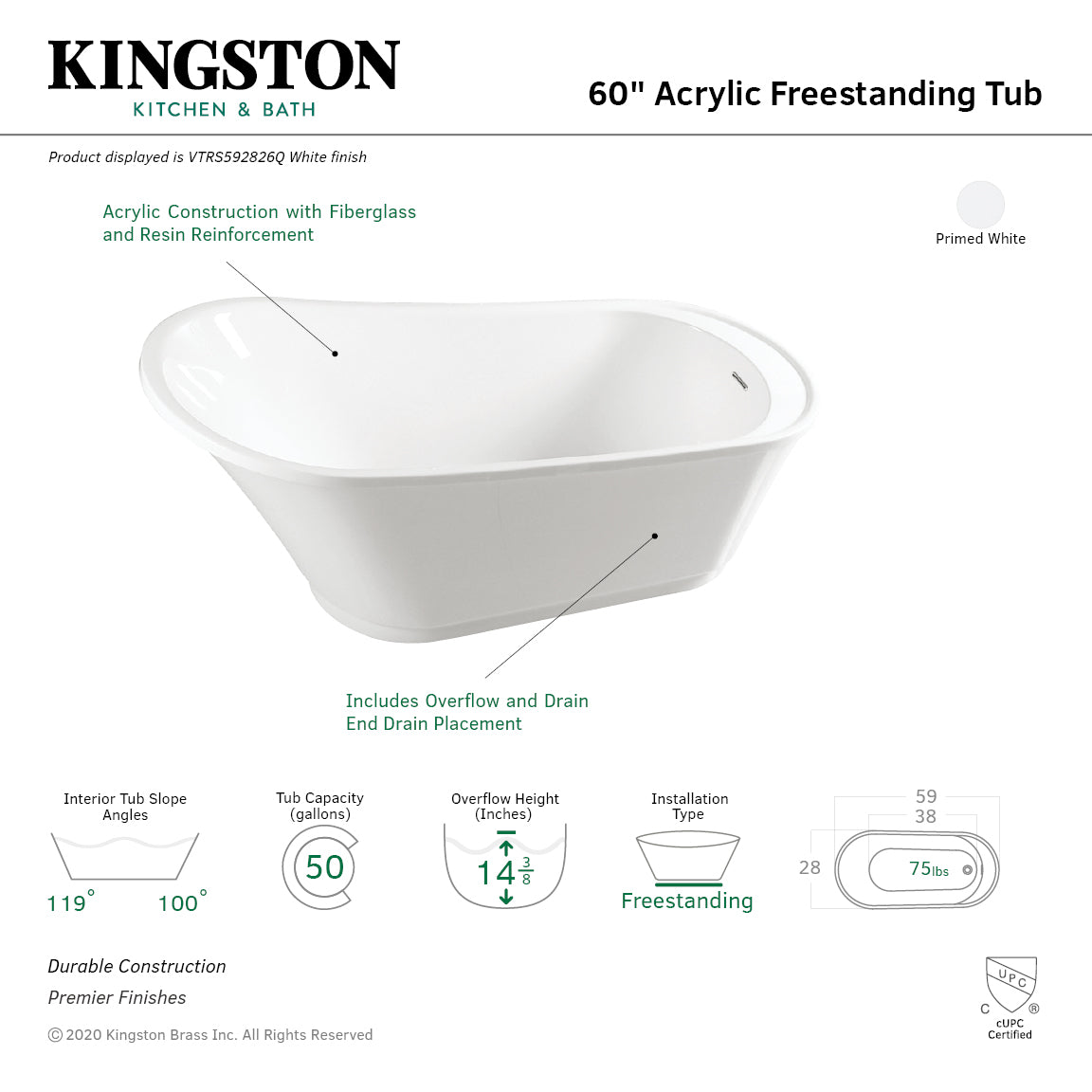 Kingston Brass VTRS592826Q 60" Acrylic Oval Single Slipper Freestanding Tub with Drain, Glossy White