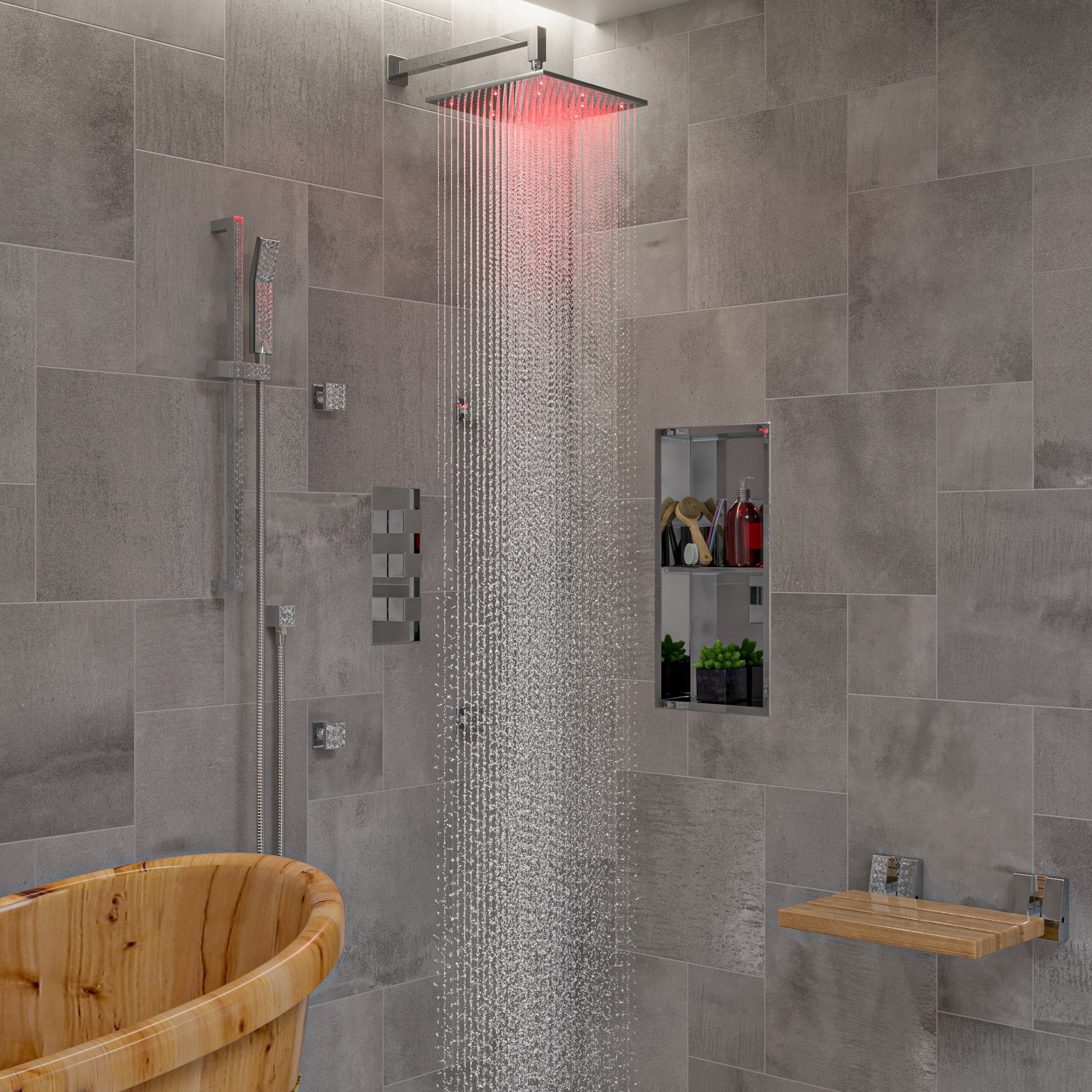 ALFI AB2901-PC Polished Chrome Concealed 4-Way Thermostatic Valve Shower Mixer /w Square Knobs