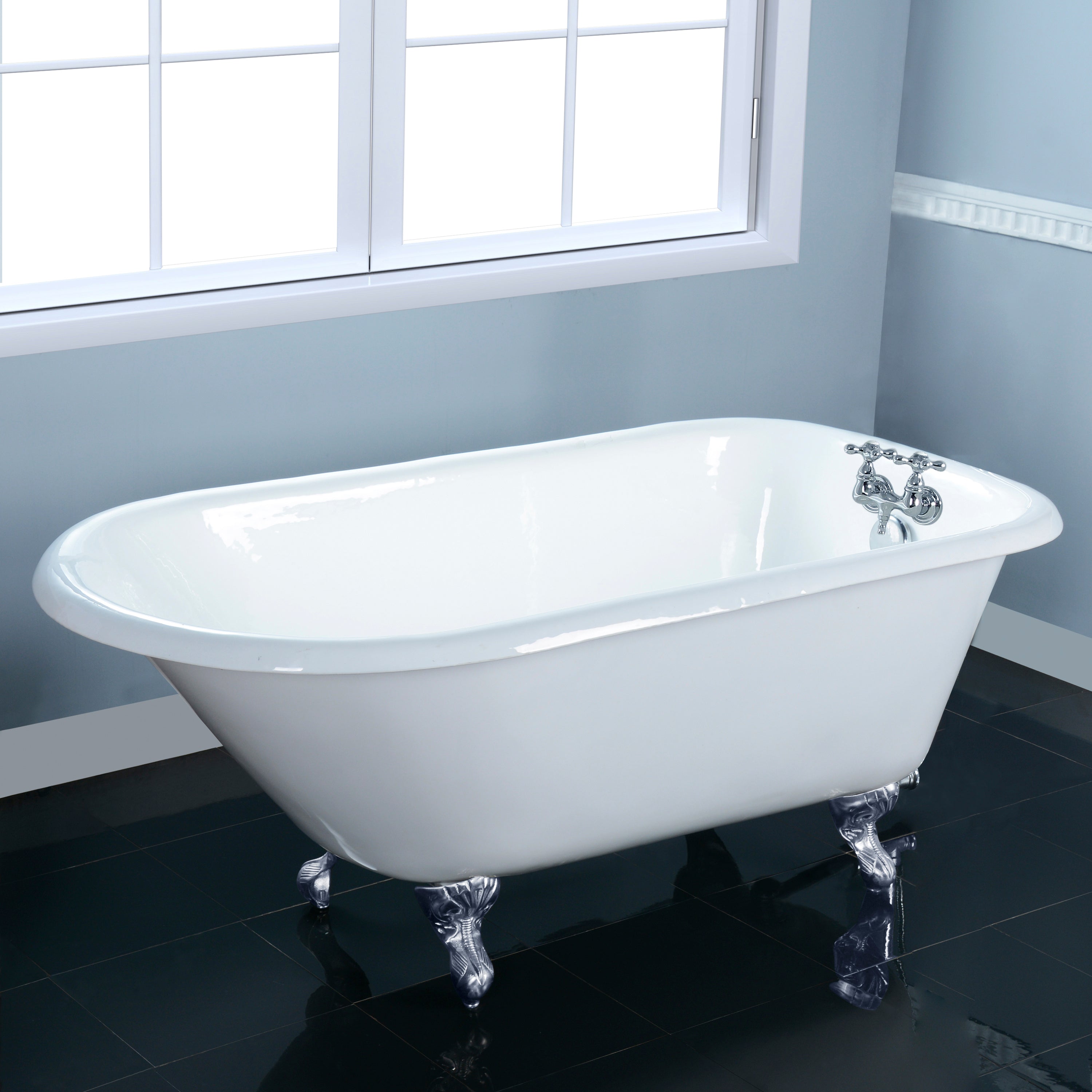 Aqua Eden VCT3D483018NT1 48" Cast Iron Classic Flat-Rim Roll Top Clawfoot Tub (3-3/8" Wall Drillings), White/Polished Chrome