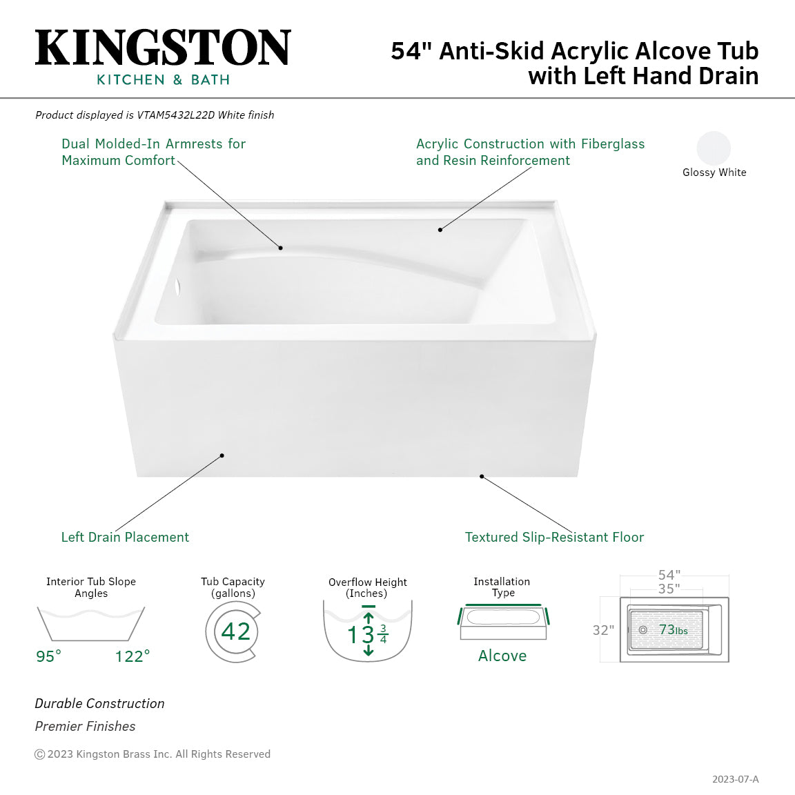 Aqua Eden VTAM5432L22D 54" Acrylic Rectangular 3-Wall Alcove Tub, Left Hand Drain and Anti-Skid Surface, Glossy White